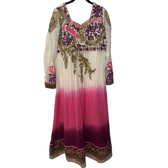 White, Pink, Purple Long Sleeve Anarkali Indian/ Pakistani/ Bengali 3 Piece - Picture 2 of 6
